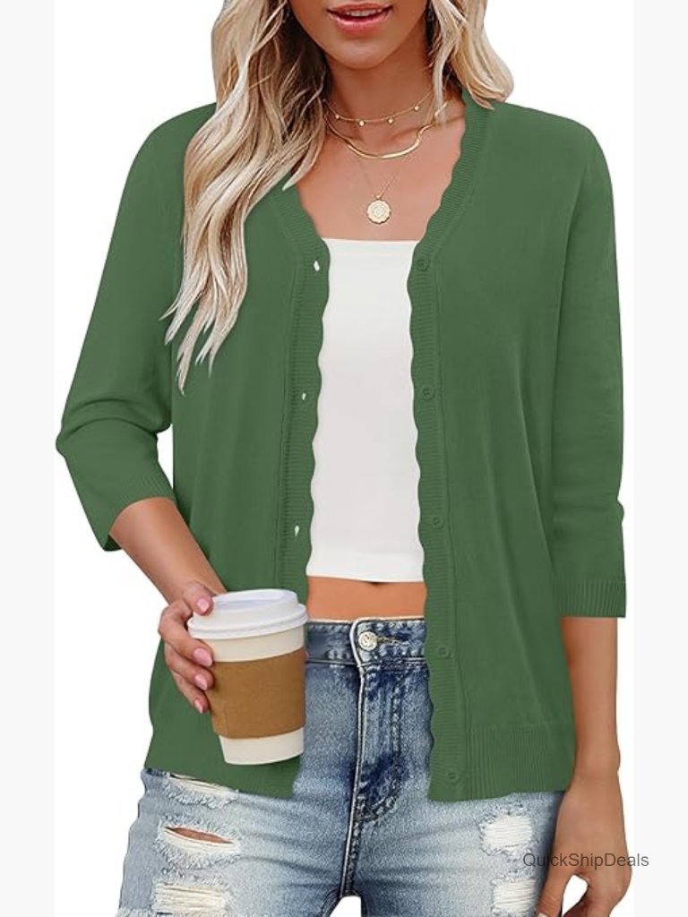 Lightweight Knit Cardigan 3/4 Sleeve V Neck Open Front Casual Cover Up
